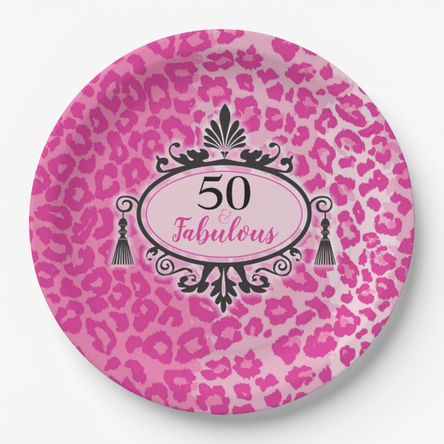 Pink Leopard 50 & Fabulous 50th Birthday Paper Plate (Front)
