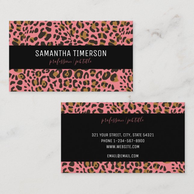 Pink Leopard Animal Print Modern Professional Business Card (Front/Back)