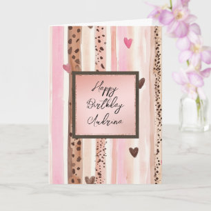 Pink Leopard Animal Stripes Hearts Blush Birthday Card
