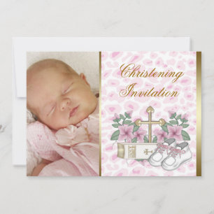 Pink Leopard Baby Girl Photo Christening Invitation