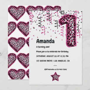 Pink Leopard Balloon 1st Xmas Birthday Invitation