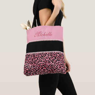 Pink Leopard Black And Pink Monogrammed Tote Bag