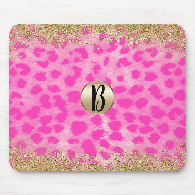 Pink Leopard Cheetah Animal Gold Glitter Monogram Mouse Mat (Front)