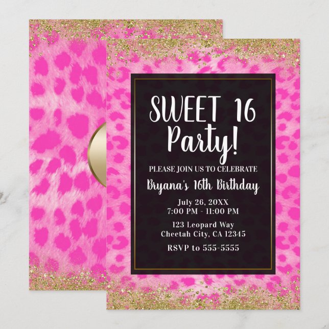 Pink Leopard Cheetah Gold Glitter Birthday Party Invitation (Front/Back)