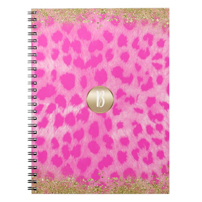 Pink Leopard Cheetah Print Gold Glitter Modern Notebook (Front)