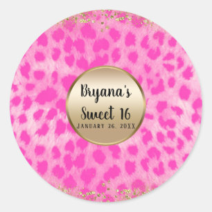 Pink Leopard Cheetah Print Gold Glitter Monogram Classic Round Sticker