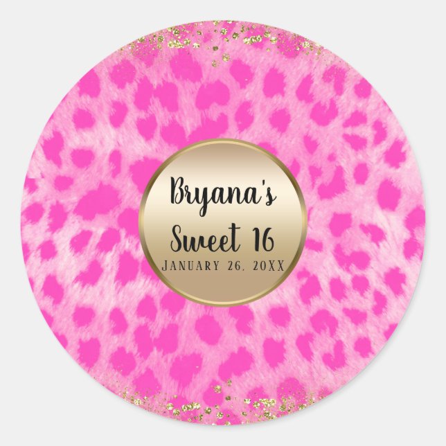Pink Leopard Cheetah Print Gold Glitter Monogram Classic Round Sticker (Front)