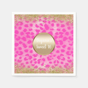 Pink Leopard Cheetah Print Gold Glitter Monogram Napkin