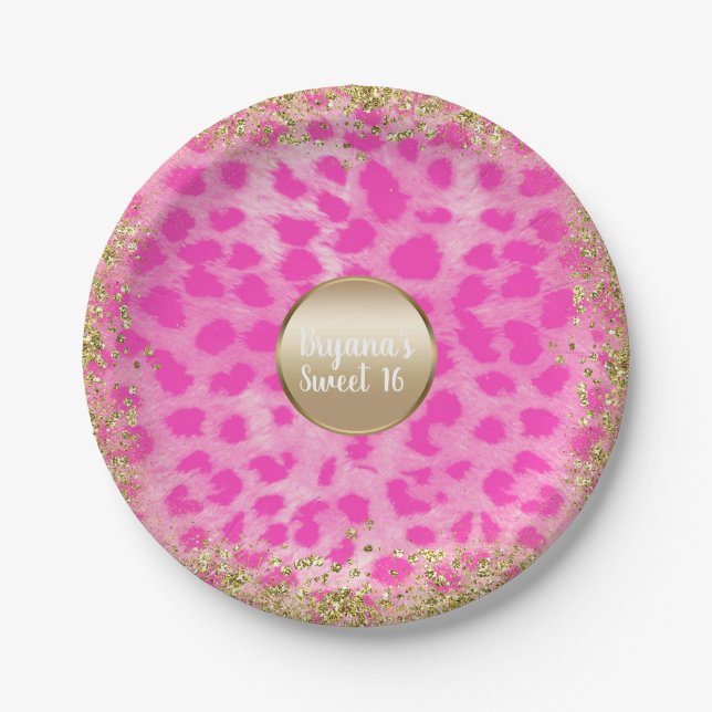 Pink Leopard Cheetah Print Gold Glitter Monogram Paper Plate (Front)