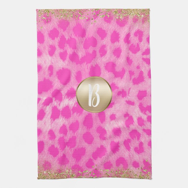Pink Leopard Cheetah Print Gold Glitter Monogram Tea Towel (Vertical)
