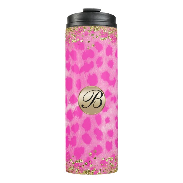 Pink Leopard Cheetah Print Gold Glitter Monogram Thermal Tumbler (Front)