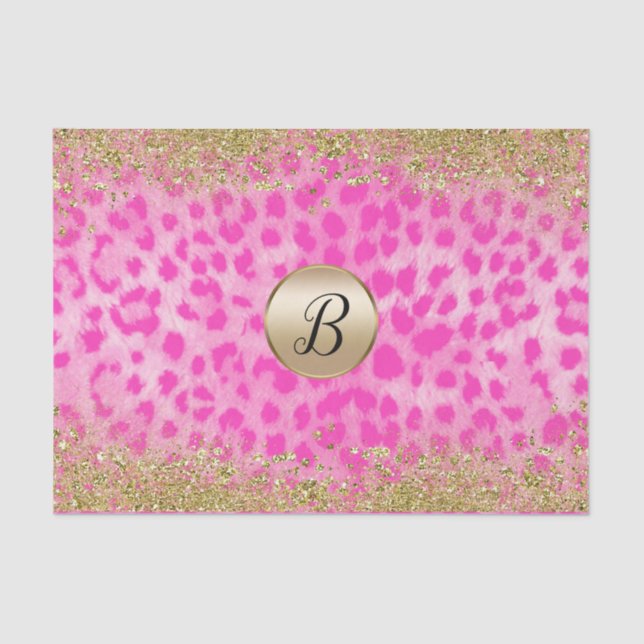 Pink Leopard Cheetah Print Gold Glitter Monogram Tissue Paper (Front)