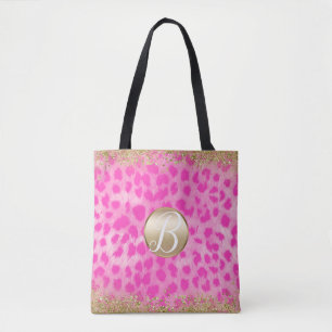 Pink Leopard Cheetah Print Gold Glitter Monogram Tote Bag