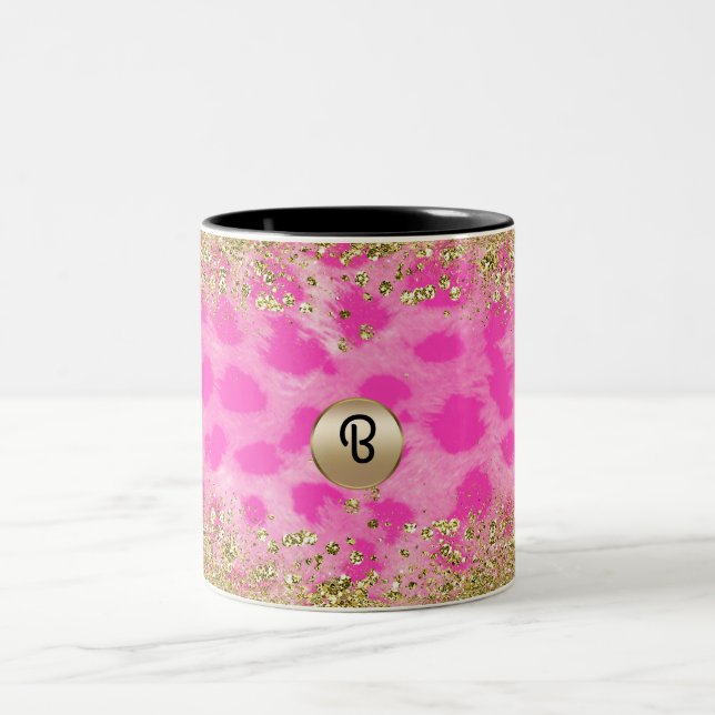 Pink Leopard Cheetah Print Gold Glitter Monogram Two-Tone Coffee Mug (Center)