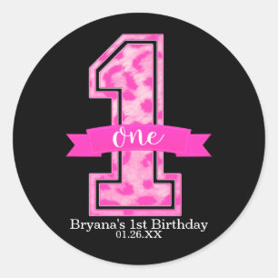Pink Leopard Cheetah Print One 1st Birthday Party Classic Round Sticker