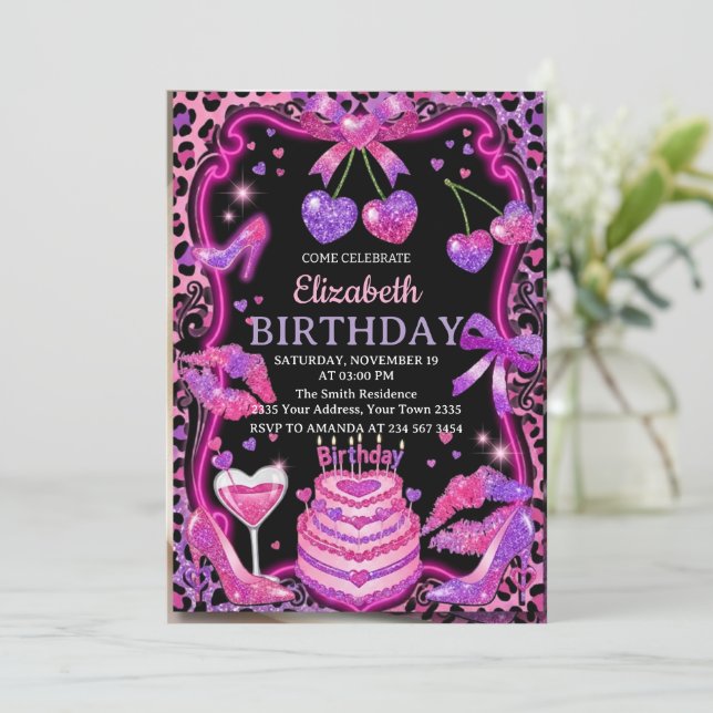 Pink Leopard Cherry Birthday Invitation (Standing Front)