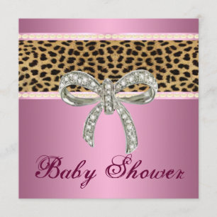 Pink Leopard Diamond Bow Baby Shower Invitation