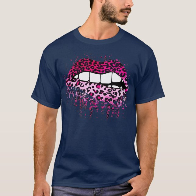 Pink Leopard Drip Splatter Biting Lips Gift T-Shirt (Front)
