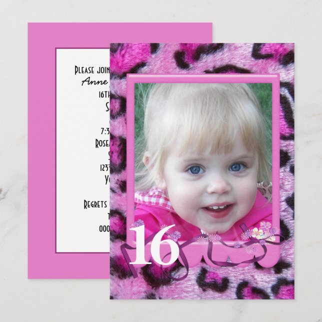 Pink Leopard Fur 16th Birthday Invitation (Front/Back)