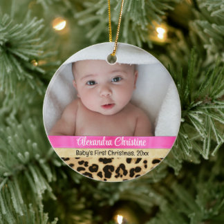 Pink Leopard Girl Baby First Christmas Photo Ceramic Tree Decoration