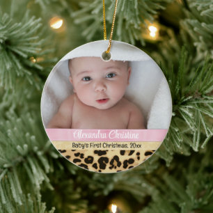 Pink Leopard Girl Babys First Christmas Photo Ceramic Tree Decoration