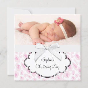 Pink Leopard Girl Photo Christening Invitation