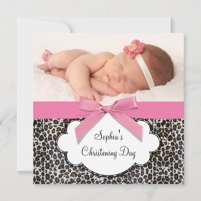 Pink Leopard Girls Christening Invitation (Front)
