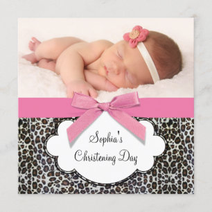 Pink Leopard Girls Christening Invitation