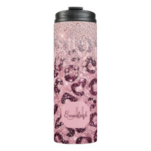 Pink Leopard Glitter Diamond Drip Monogram Thermal Thermal Tumbler