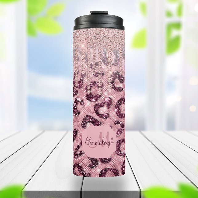 Pink Leopard Glitter Diamond Drip Monogram Thermal Thermal Tumbler (Creator Uploaded)