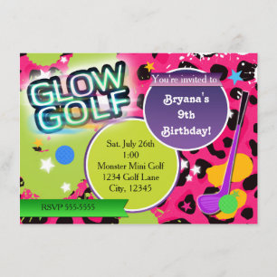 Pink Leopard Glow Golf Golfing Party Invitations