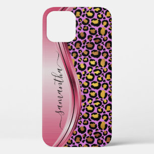 Pink Leopard  Handwritten Name Metal iPhone 12 Pro Case