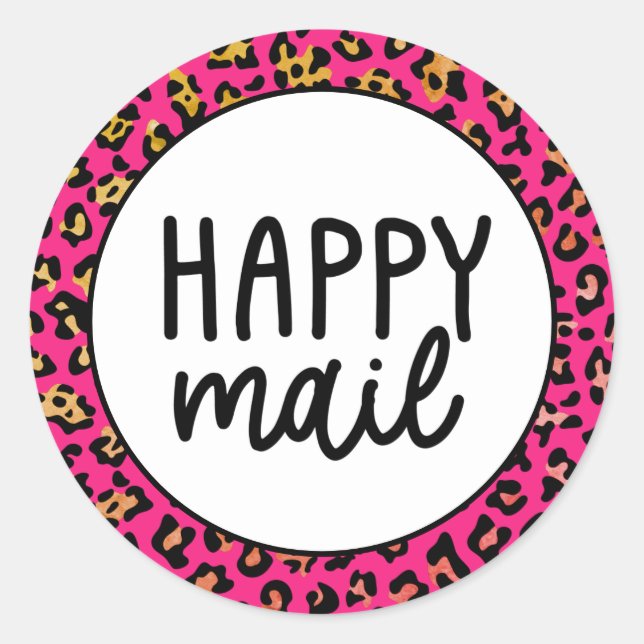 Pink Leopard Happy Mail Classic Round Sticker (Front)