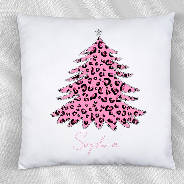 Pink Leopard Pattern Christmas Tree Custom Name Cushion (Creator Uploaded)