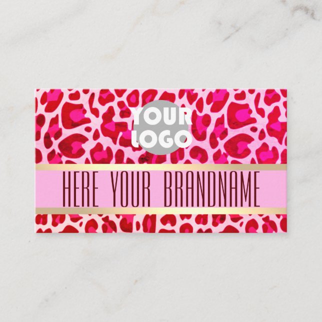 Pink Leopard Pattern Custom Logo Photo Open Hours Business Card (Front)