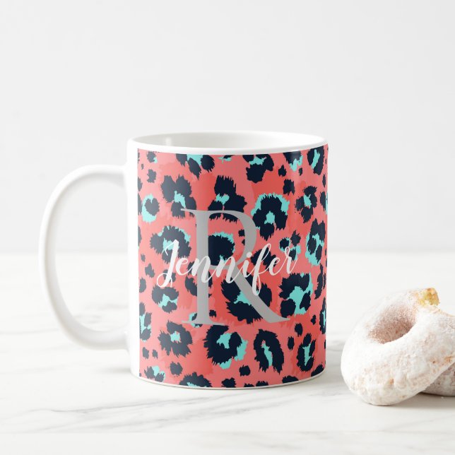 Pink Leopard Personalise Monogram & Name Coffee Mug (With Donut)