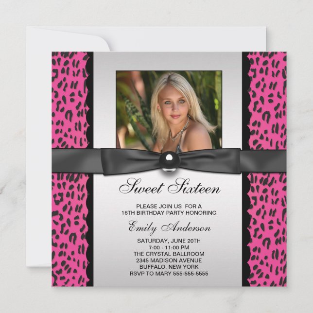 Pink Leopard Photo Sweet 16 Birthday Party Invitation (Front)