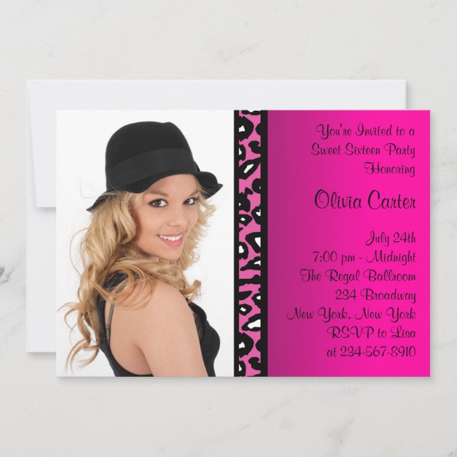 Pink Leopard Photo Sweet Sixteen Birthday Party Invitation (Front)