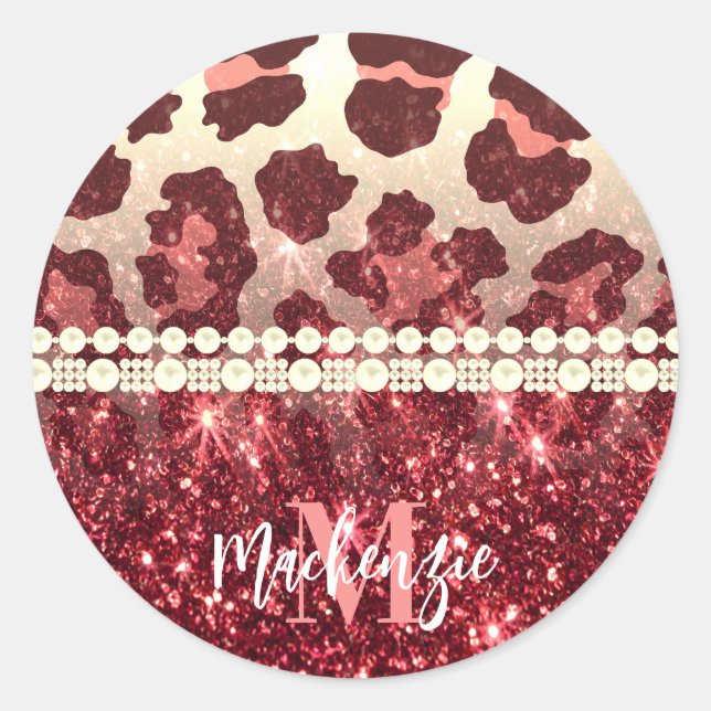 Pink Leopard Print and Glitter Classic Round Sticker (Front)