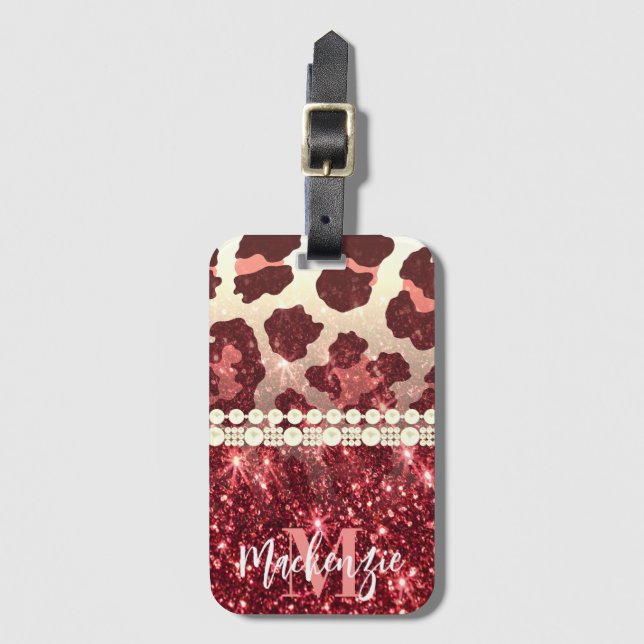 Pink Leopard Print and Glitter Luggage Tag (Front Vertical)