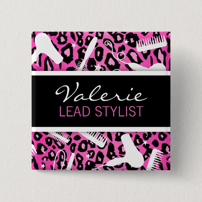 Pink Leopard Print (Custom) Hair Salon Name Badge (Front)