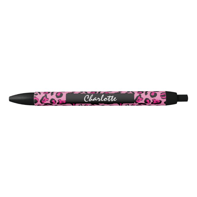 Pink Leopard Print Glam Girly Personalised Black Ink Pen (Front)