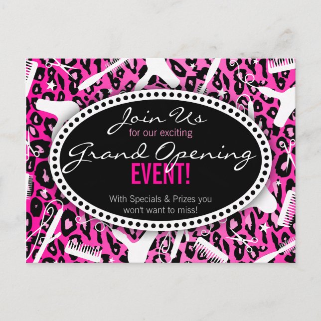 Pink Leopard Print Hair Salon Grand Opening Invitation Postcard (Front)