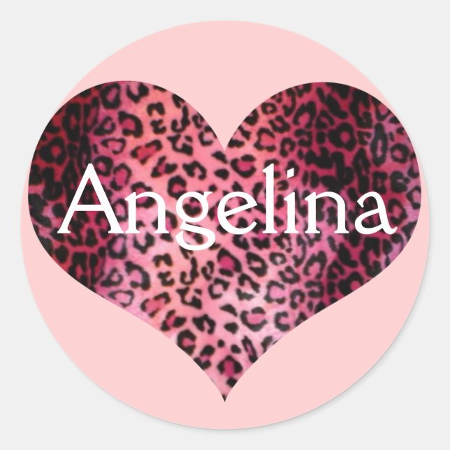 Pink Leopard Print Heart Name Classic Round Sticker (Front)