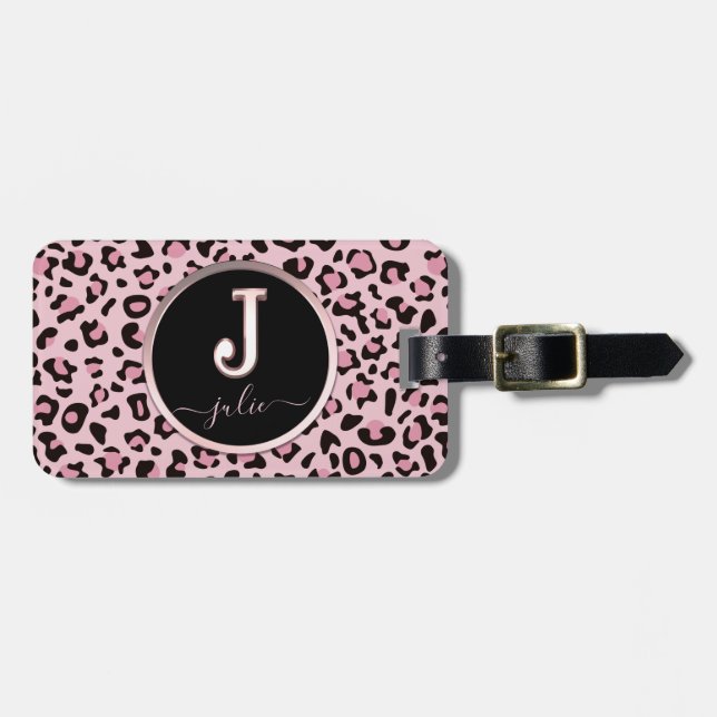 Pink Leopard Print Letter J Luggage Tag (Front Horizontal)