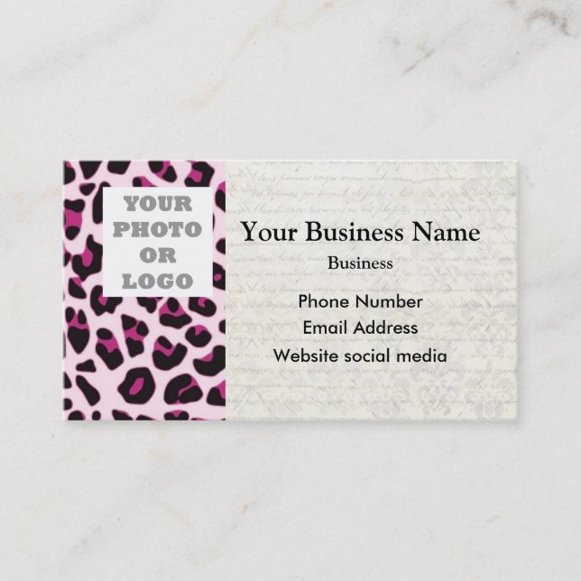 Pink leopard print pattern photo template business card (Front)