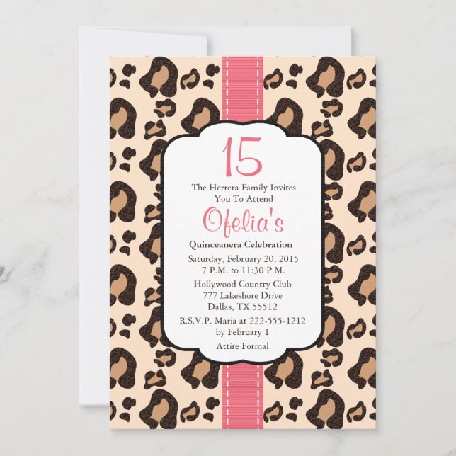 Pink Leopard Print Quinceanera Invitations (Front)