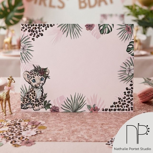Pink Leopard Print Safari Envelope (Hand-drawn leopard cub on blush pink envelope with custom return address and leopard print lining)