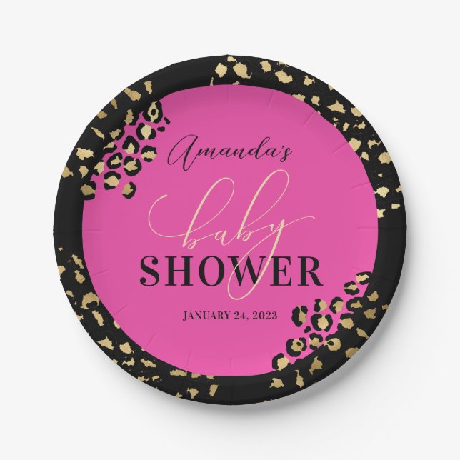 Pink Leopard Print Shower Paper Plate (Front)