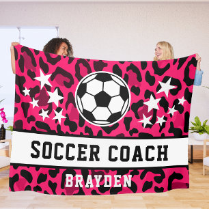 Pink Leopard Print Soccer Coach Name  Fleece Blanket